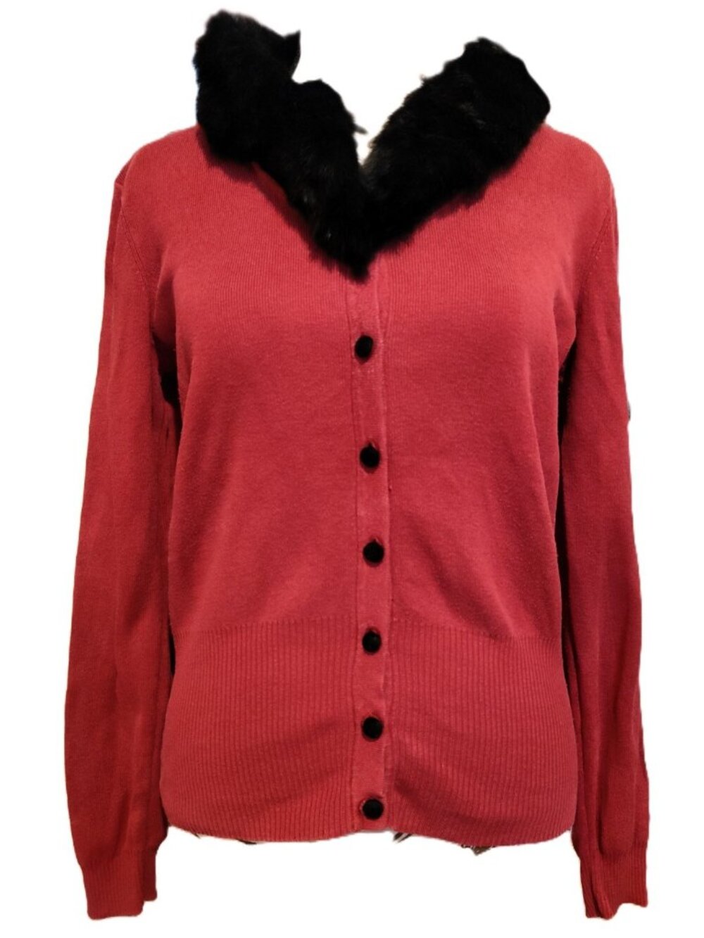 Vintage Emma James Red Button Down Sweater Removable Black Rabbit Fur Collar PM - Picture 7 of 8